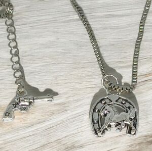 Silver Pendant Necklace Horse Horseshoe Pistol Western Cowboycore Gender Neutral